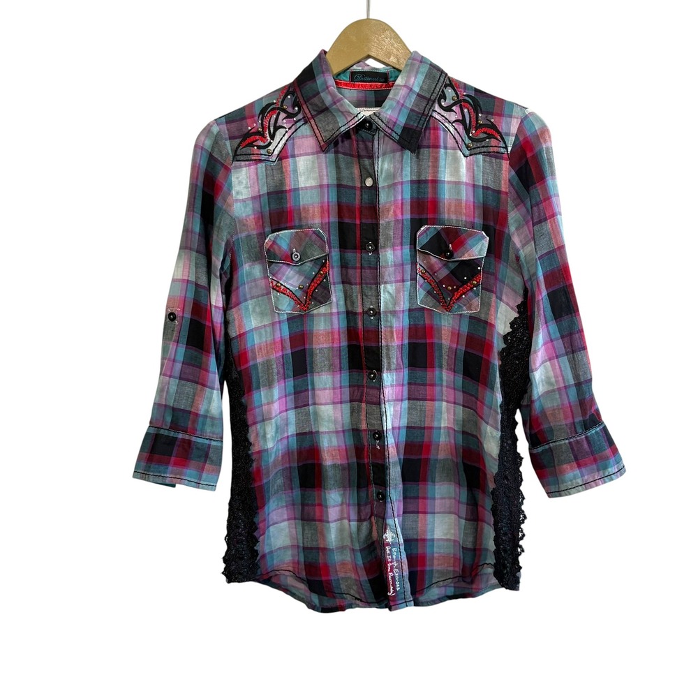 Roar Women's Blue Pink Plaid Embroidered Button Up Top Western Country Punk